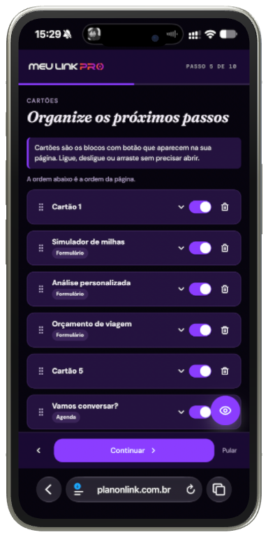 Organização dos cartões do Meu Link Pro