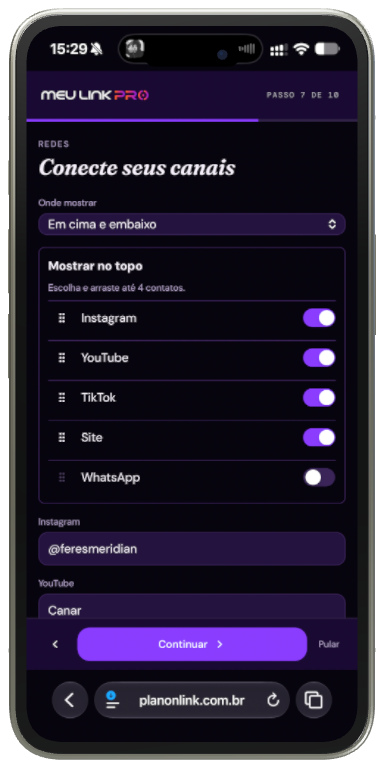 Configuração das redes sociais no Meu Link Pro