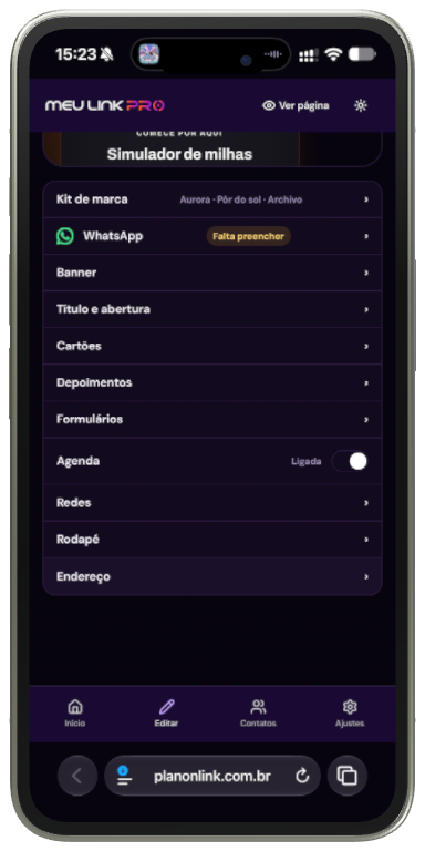Editor da página no Meu Link Pro
